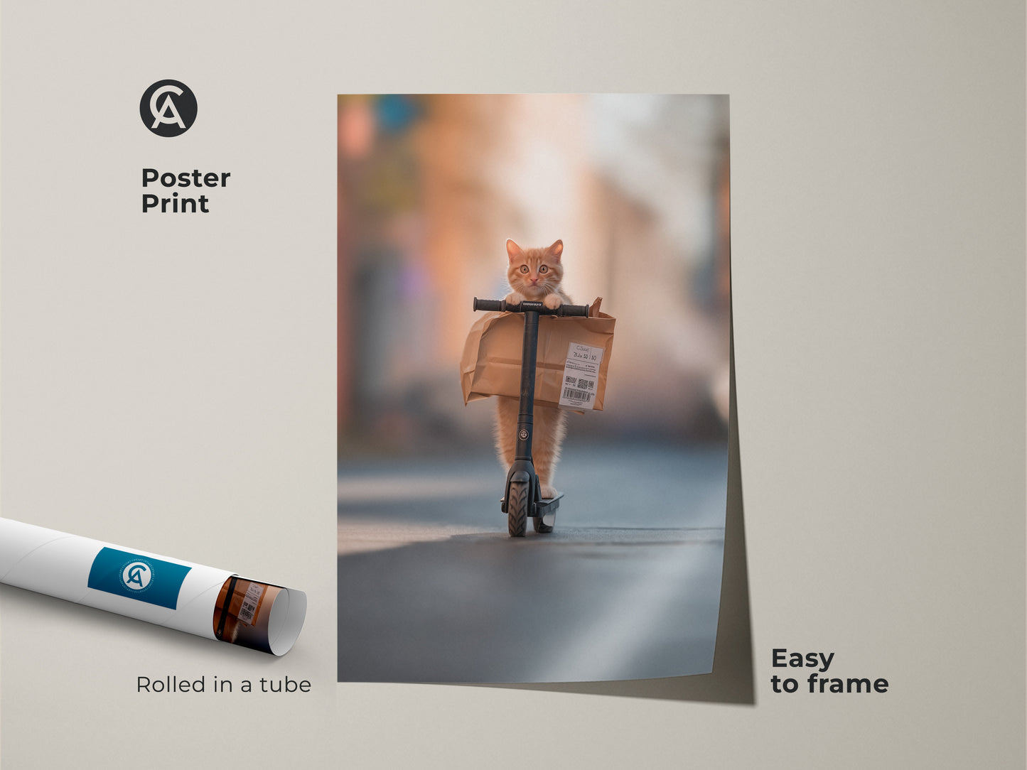 Poster print of a ginger cat delivering a package on a scooter. This museum-quality paper print comes rolled in a tube and is easy to frame. The artwork is a fun and quirky addition to any art collection. Perfect for cat lovers and fans of unique artwork.
