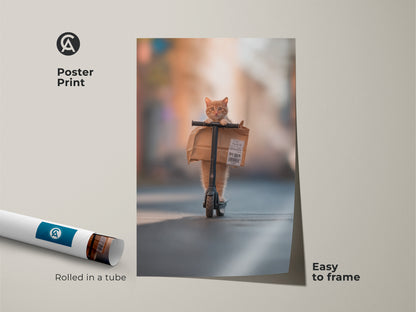 Poster print of a ginger cat delivering a package on a scooter. This museum-quality paper print comes rolled in a tube and is easy to frame. The artwork is a fun and quirky addition to any art collection. Perfect for cat lovers and fans of unique artwork.
