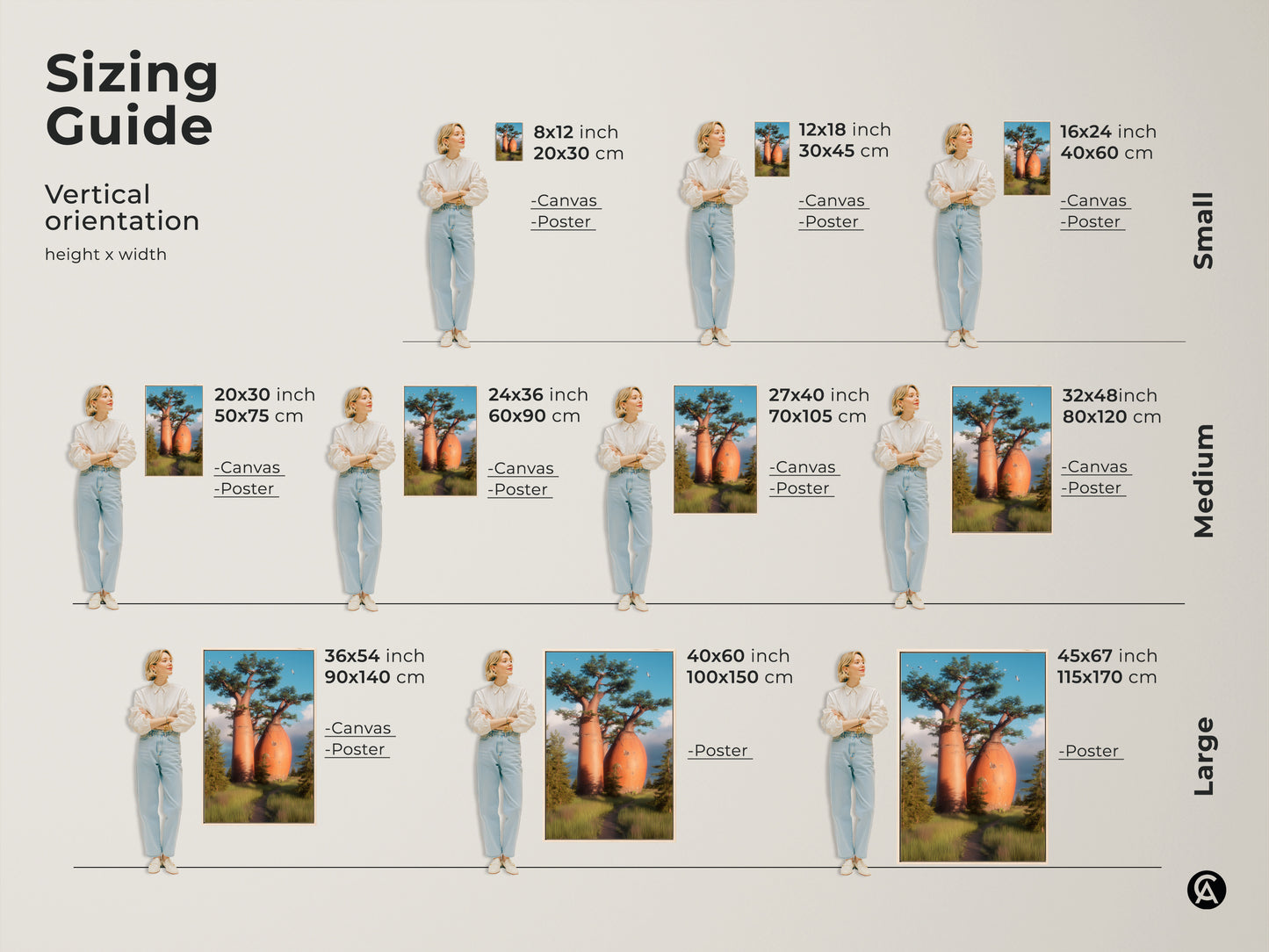 Sizing guide for African Savanna landscape artwork. Realistic nature photography of baobab trees available in vertical orientations. Canvas and poster options in small medium and large sizes. Perfect for adding nature inspired artwork to any residential wall.
