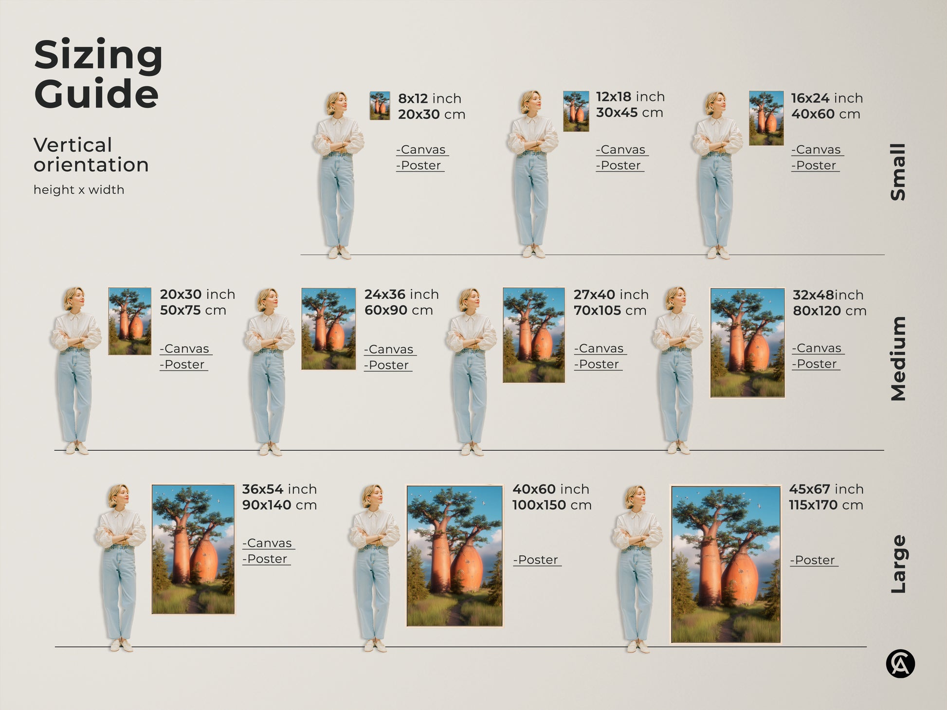 Sizing guide for African Savanna landscape artwork. Realistic nature photography of baobab trees available in vertical orientations. Canvas and poster options in small medium and large sizes. Perfect for adding nature inspired artwork to any residential wall.