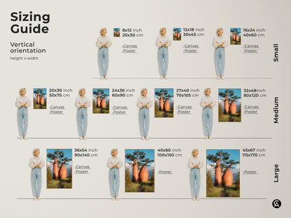 Sizing guide for African Savanna landscape artwork. Realistic nature photography of baobab trees available in vertical orientations. Canvas and poster options in small medium and large sizes. Perfect for adding nature inspired artwork to any residential wall.