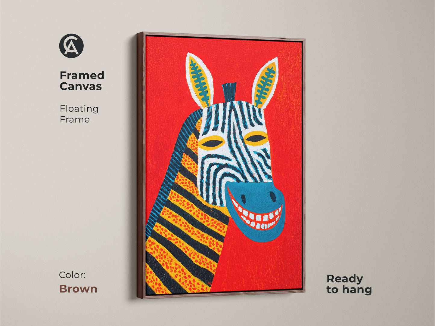 A framed canvas showcasing a folk art zebra artwork. This abstract animal print is set in a brown floating frame. The art is ready to hang bringing eclectic charm. A unique wall hanging for colorful bedroom decor.
