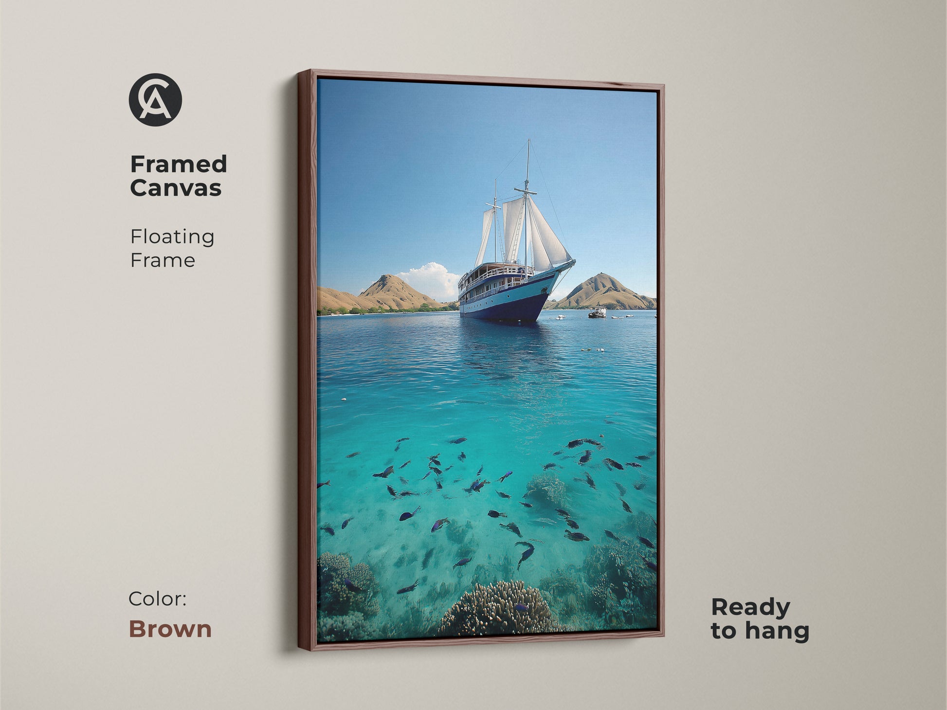 Transform your space with this framed canvas artwork. A floating frame enhances the ocean view wall art. Features a sailing ship and turquoise sea canvas. This deep blue fish school print brings calm. The bedroom wall art nautical is great. The color of frame is brown