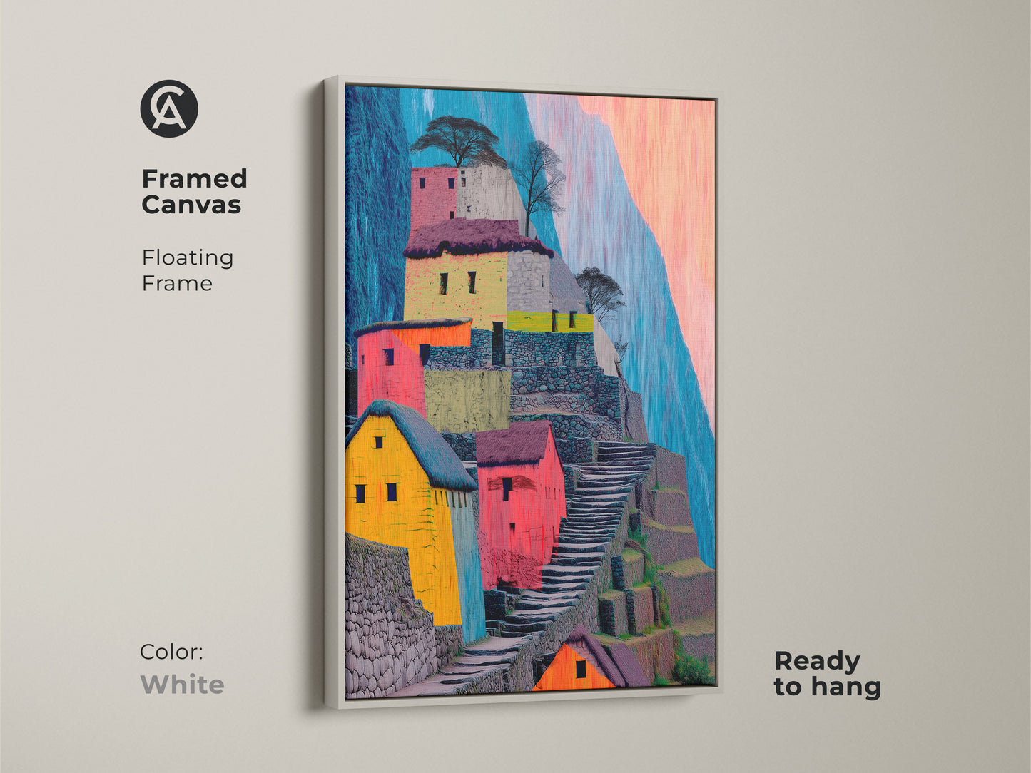 Abstract Machu Picchu canvas in a clean white floating frame. This colorful landscape art features terraced hillsides perfect for modern boho decor. Ready to hang it brings South America to your wall decor. A vibrant landscape painting.