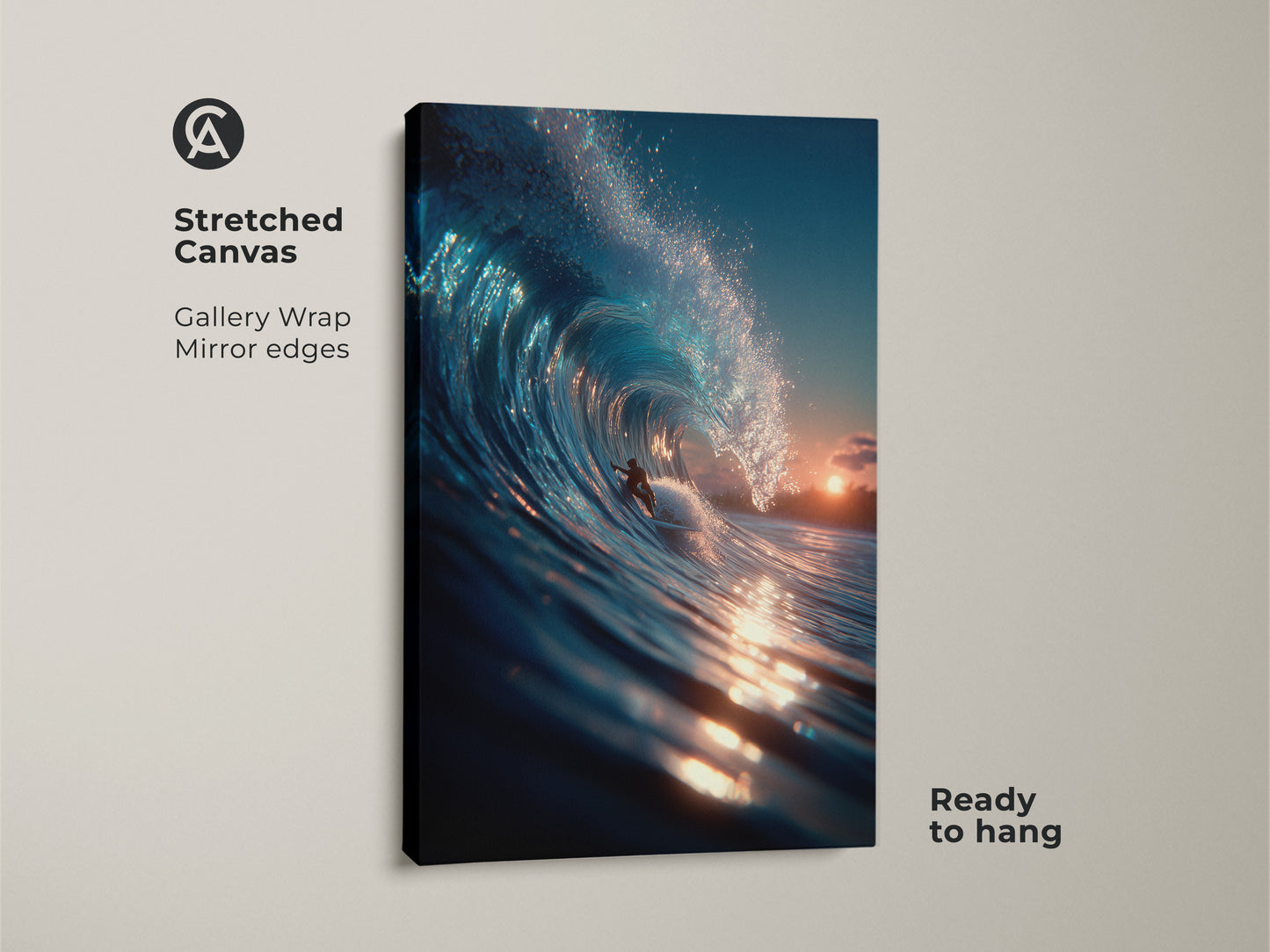 Experience the thrill of the ocean with this stretched canvas art. The surfer artwork is ready to hang. The gallery wrap and mirror edges gives it a polished look. Enjoy the beauty of a perfect wave anytime.
