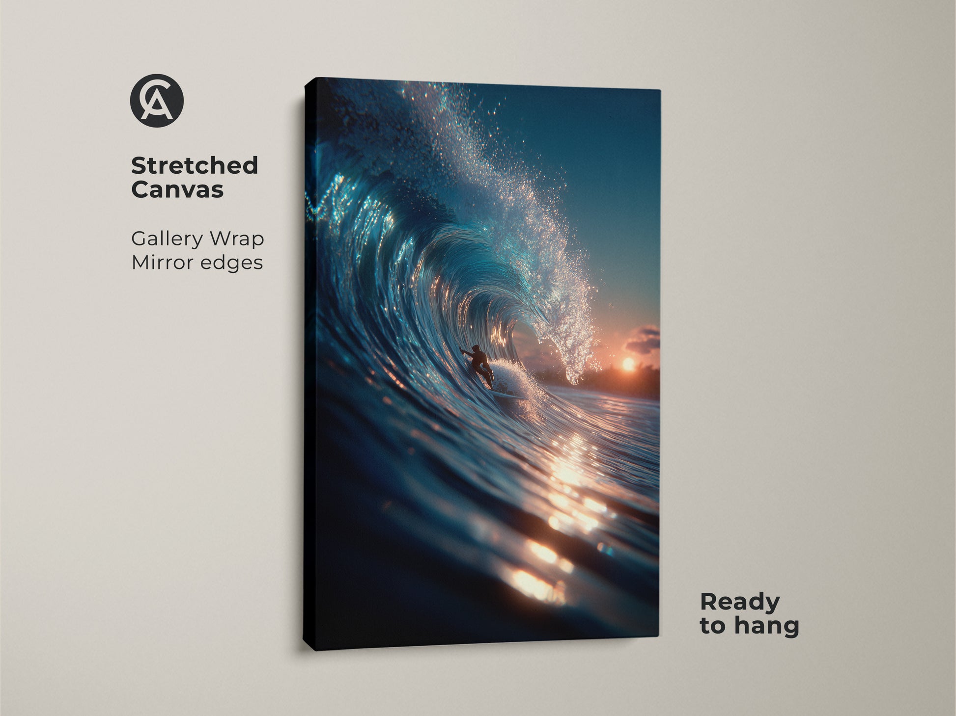 Experience the thrill of the ocean with this stretched canvas art. The surfer artwork is ready to hang. The gallery wrap and mirror edges gives it a polished look. Enjoy the beauty of a perfect wave anytime.