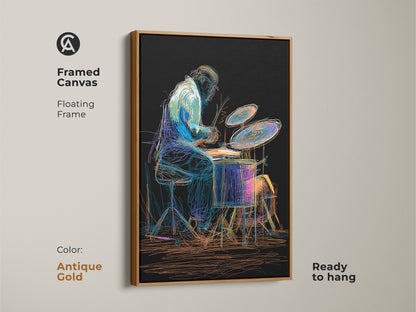 This framed canvas art of an abstract drummer features an antique gold floating frame ready to hang. It adds eclectic style to any music room a thoughtful gift for musicians and art lovers