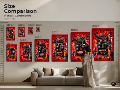 Compare sizes of this captivating artwork. The image displays the artwork in various sizes with a woman standing near a couch for scale. Visualize how the black faced art will enhance your space available as a poster or canvas.