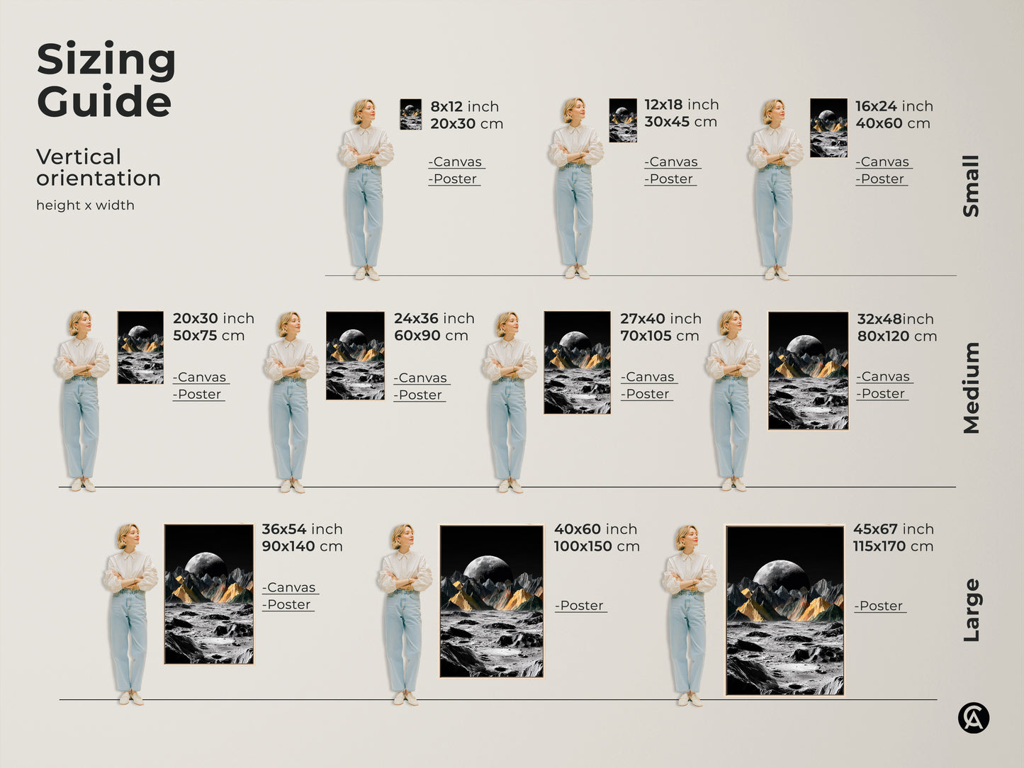 Sizing guide for surreal moon landscape wall art displays vertical orientations. Visualizes height and width dimensions for canvas and poster. Find the perfect fit for any room size. It is ideal for contemporary office art or a unique space theme print adding a touch of cosmic.