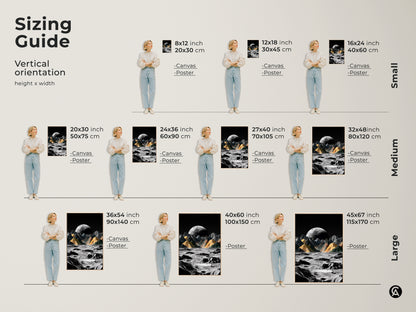 Sizing guide for surreal moon landscape wall art displays vertical orientations. Visualizes height and width dimensions for canvas and poster. Find the perfect fit for any room size. It is ideal for contemporary office art or a unique space theme print adding a touch of cosmic.