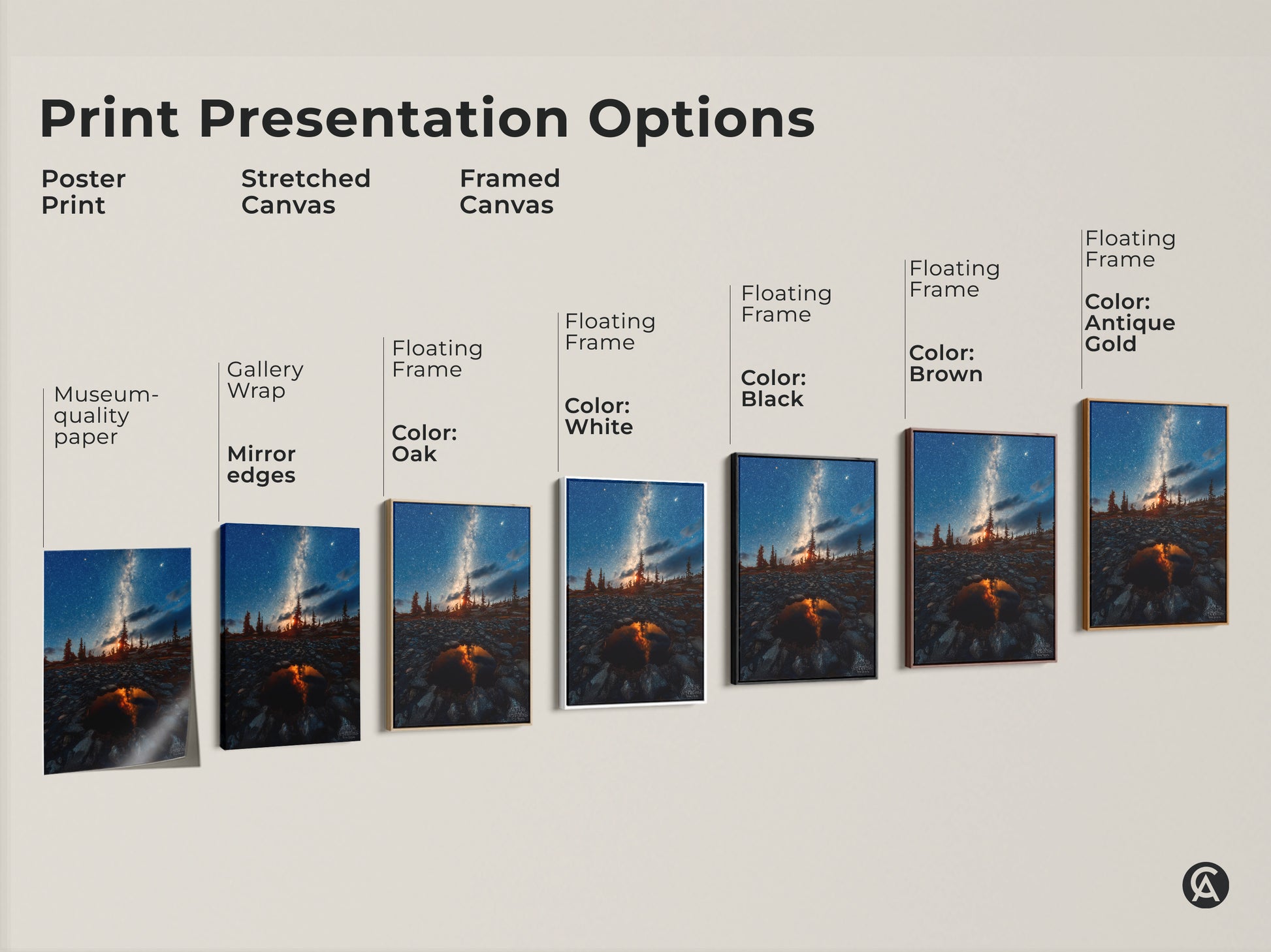 Explore print presentation options for the Milky Way and pine trees artwork. Choose from poster print stretched canvas or framed canvas. Each option highlights the rustic landscape with astronomy lovers in mind. Options include Black Brown White and Antique Gold floating frames. Find the perfect fit for your style.