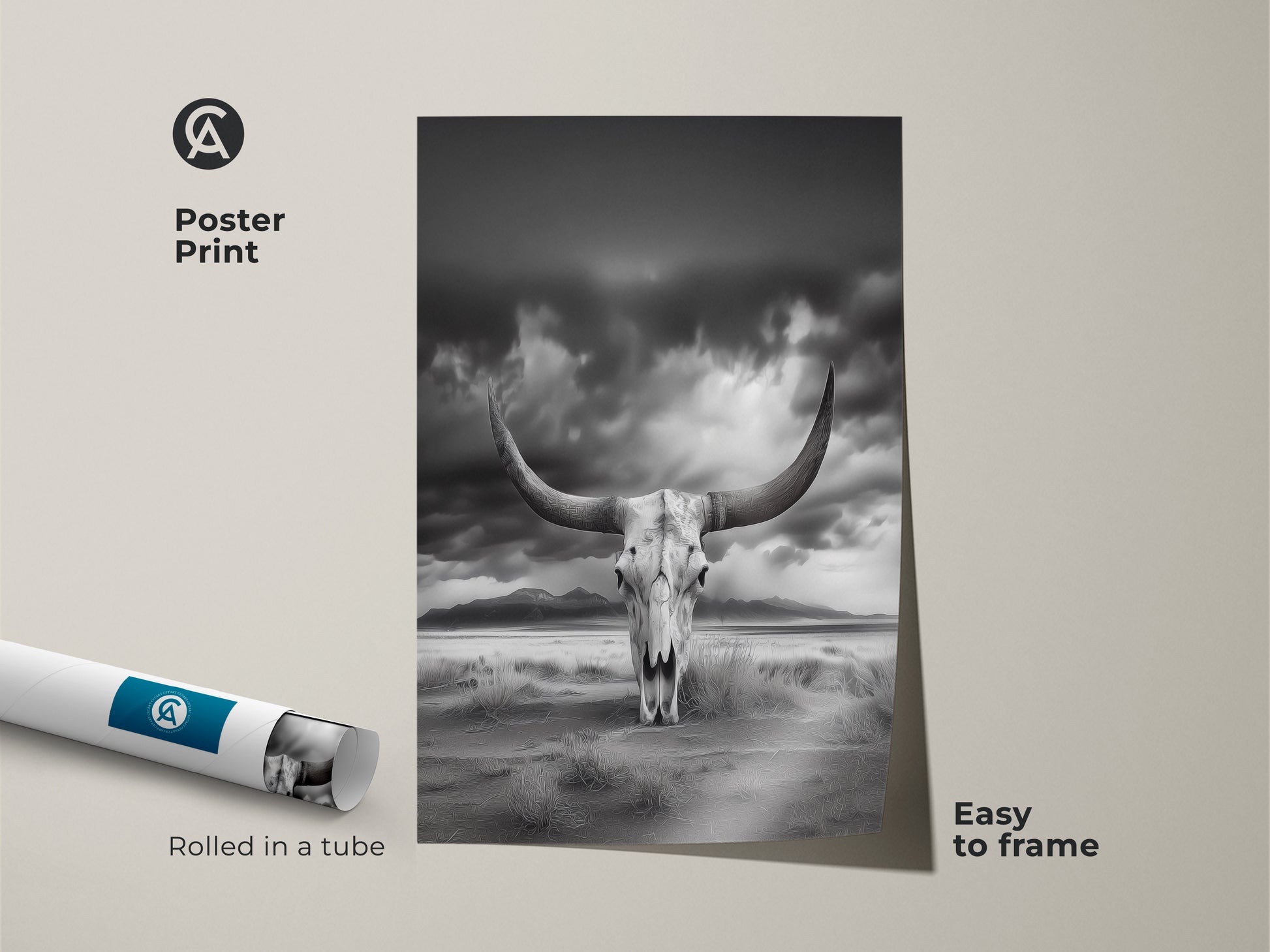 Poster print of a monochrome longhorn skull art piece. This desert landscape canvas print is easy to frame. The rustic western home decor is rolled in a tube. It's ideal for cowboy gift ideas. The black and white animal art suits any room.