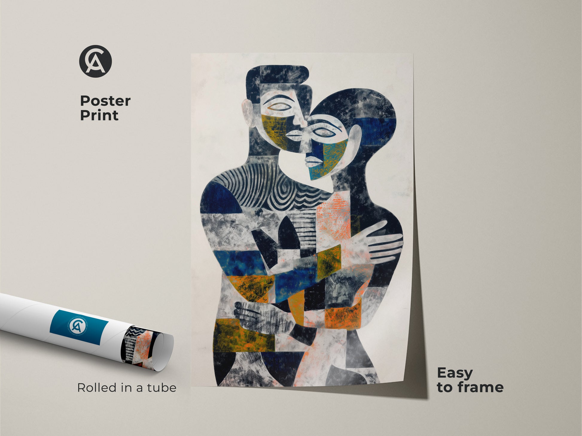 Detailed view of an abstract couple's faces in indigo and orange. The artwork features a geometric print. This figurative piece captures a loving embrace. An ideal anniversary gift for couples. Enhance your eclectic home decor with this unique wall art.