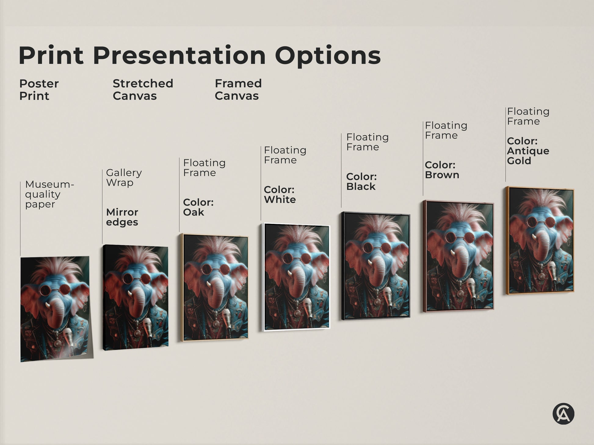 Explore the presentation options for our punk rock elephant art. Options include poster and stretched canvas prints with gallery-wrapped museum-quality paper and floating frames. Choose your favorite style to showcase this unique music-themed animal artwork.
