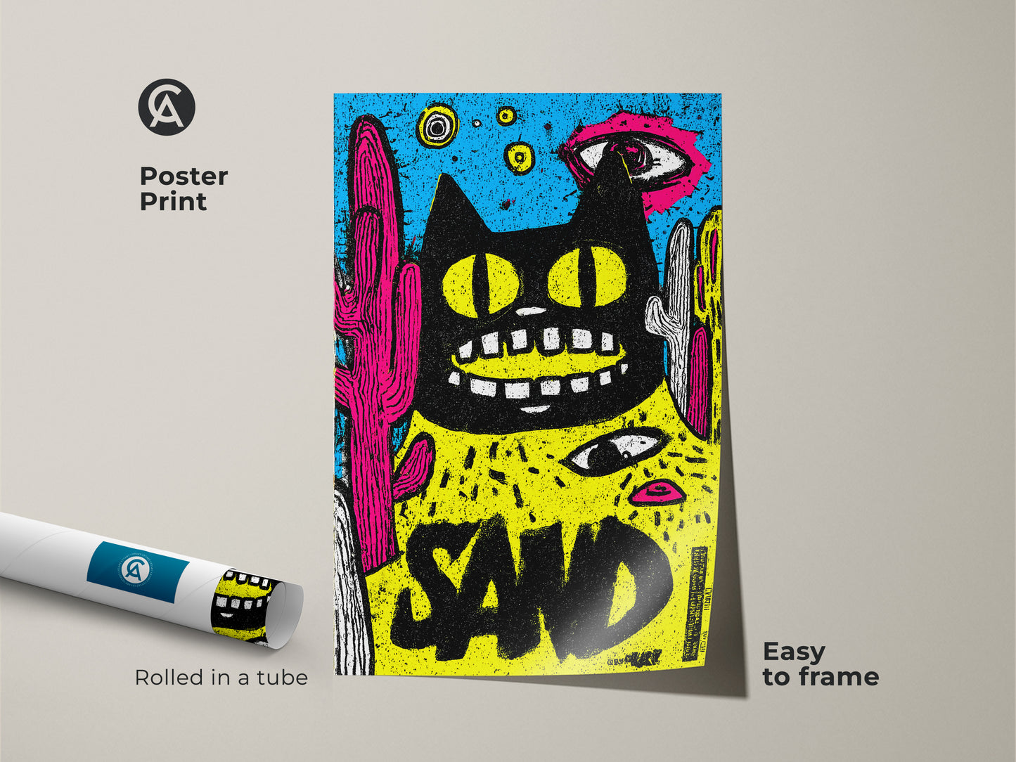 Rolled poster print featuring a quirky black cat art. This museum-quality paper captures the colorful artwork of a cat cacti and the word SAND. Easy to frame and display this unique statement art.
