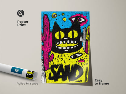 Rolled poster print featuring a quirky black cat art. This museum-quality paper captures the colorful artwork of a cat cacti and the word SAND. Easy to frame and display this unique statement art.