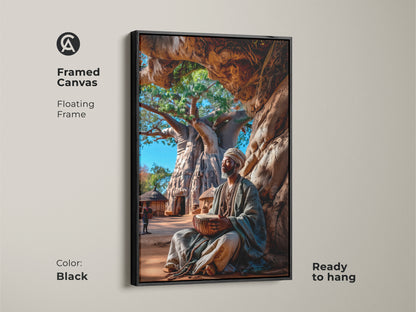 Framed in black this canvas art features an African drummer. The floating frame adds a modern touch and it's ready to hang. The art shows an African man playing a drum under a Baobab tree. Its earth tones enhance any living space.