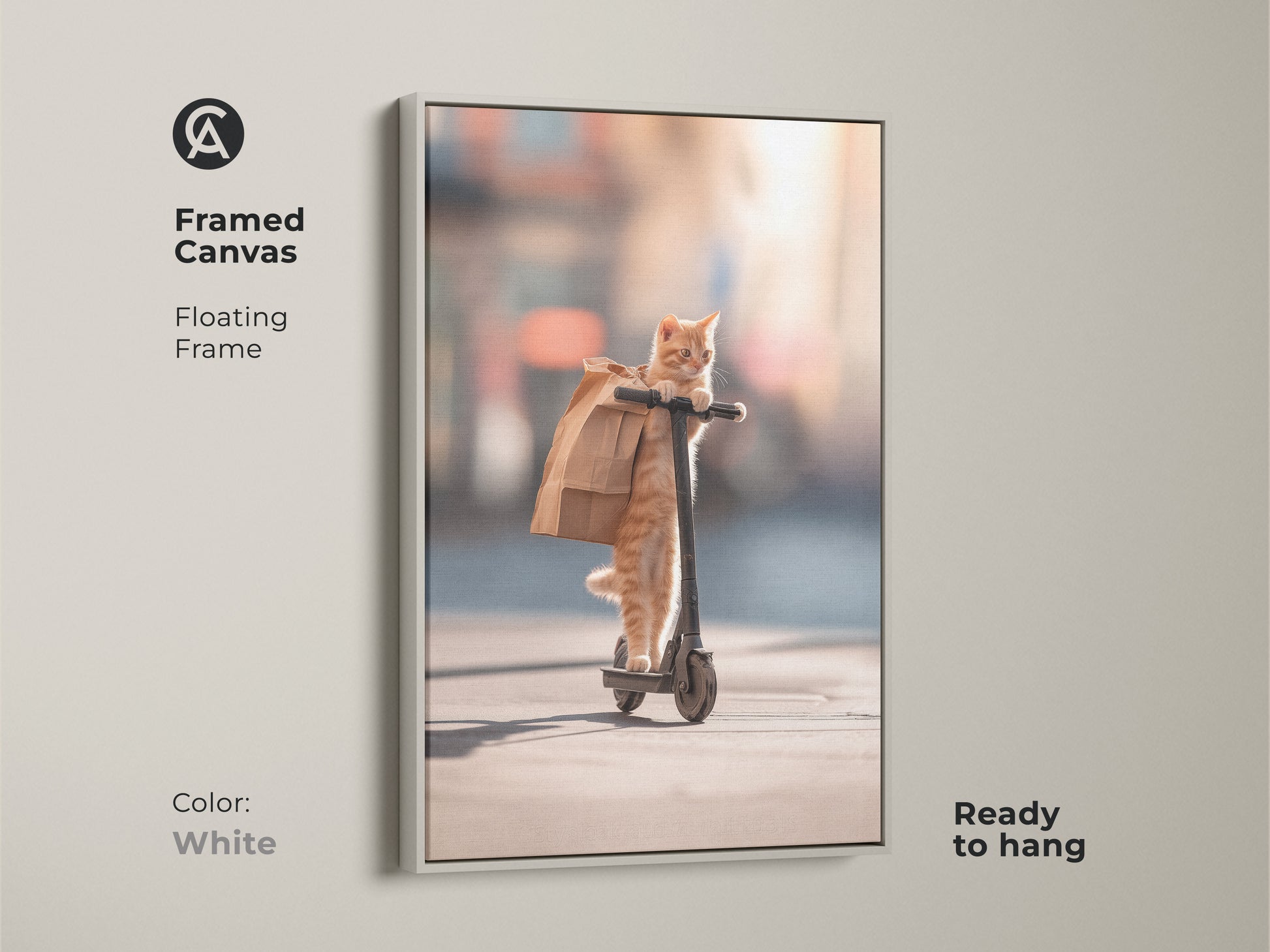 Framed canvas artwork of a cat on a scooter. The white floating frame offers a clean look. This ready-to-hang piece is perfect for modern decor. A charming addition to any cat-themed collection.