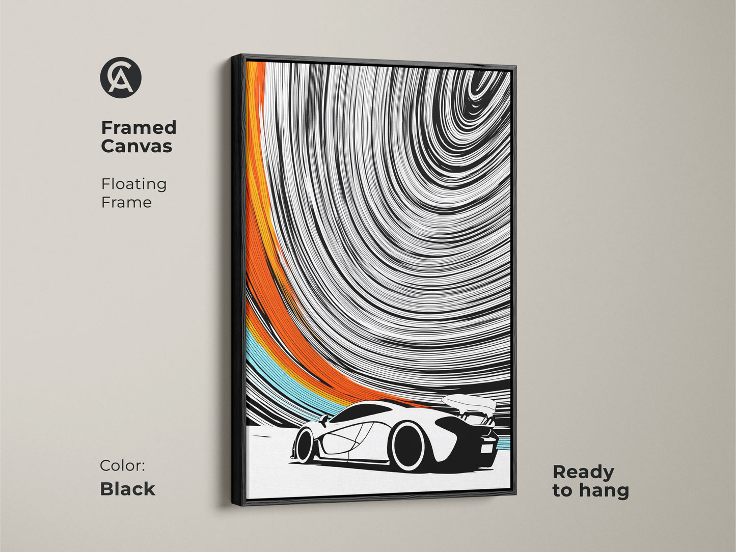 This framed canvas with a floating frame showcases abstract automotive art. The black frame accentuates the black white orange art. Ready to hang this speed swirl wall art makes an impact. This modern sports car print is ideal for an office or garage. This abstract vehicle art is perfect for car lovers.