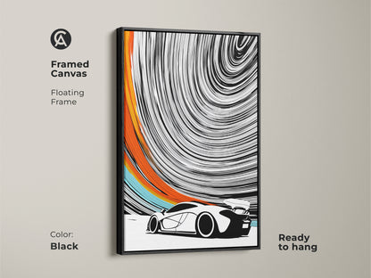 This framed canvas with a floating frame showcases abstract automotive art. The black frame accentuates the black white orange art. Ready to hang this speed swirl wall art makes an impact. This modern sports car print is ideal for an office or garage. This abstract vehicle art is perfect for car lovers.