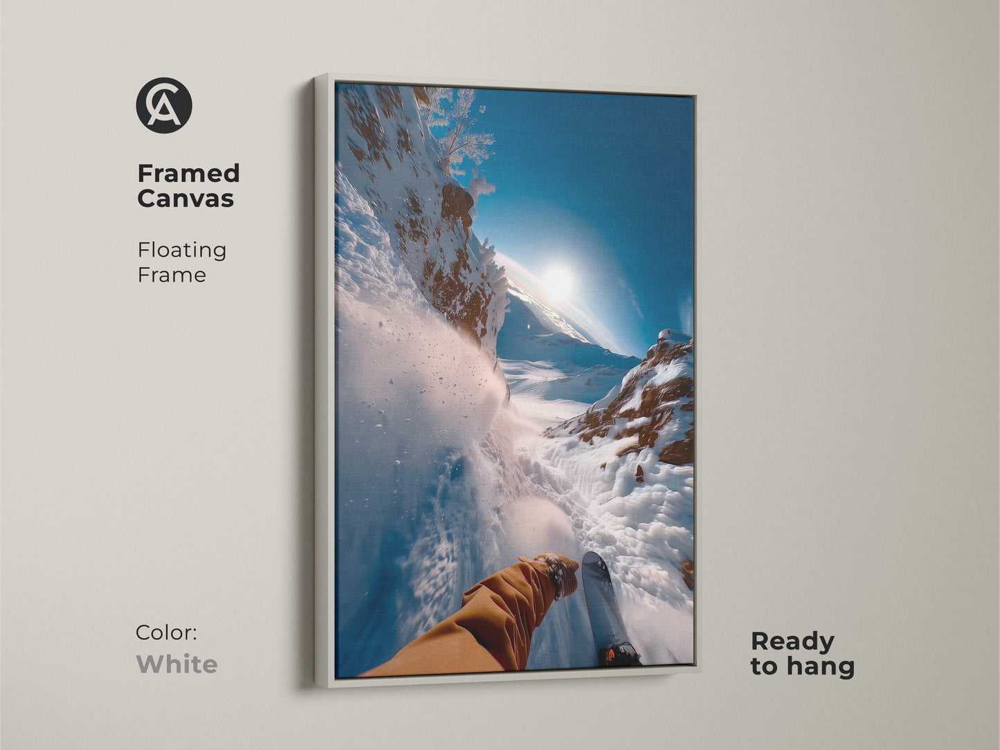 Framed canvas artwork with a white floating frame. A skier's eye view of a thrilling downhill run. The bright white frame complements the snowy landscape. This ready-to-hang art adds a fresh look to your home decor.