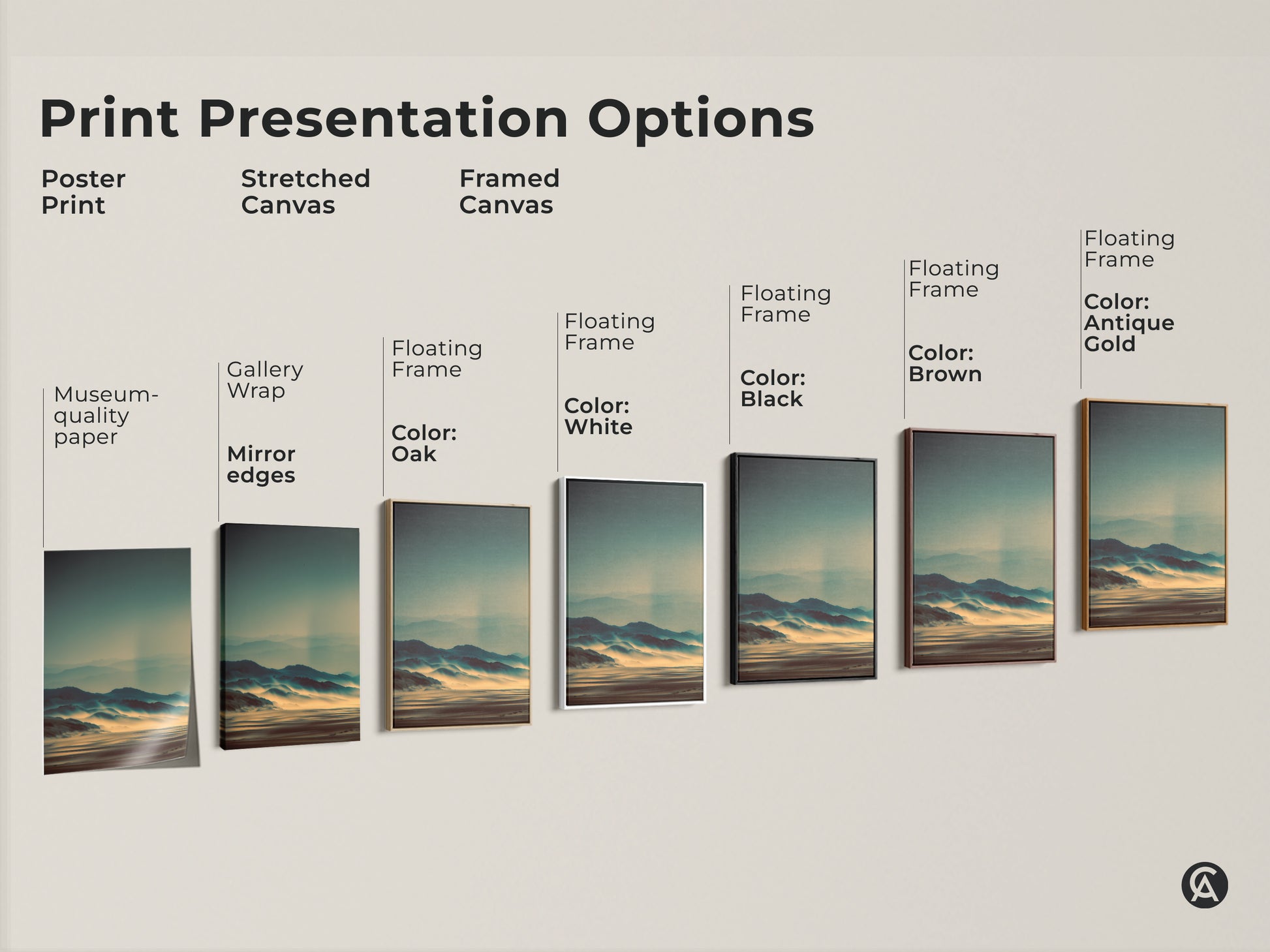 Explore art print presentation options. See poster prints stretched canvases and framed canvases. Choose from various floating frame colors. Options include black brown antique gold oak and white. Find the perfect style to showcase your landscape artwork.