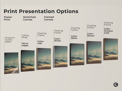 Explore art print presentation options. See poster prints stretched canvases and framed canvases. Choose from various floating frame colors. Options include black brown antique gold oak and white. Find the perfect style to showcase your landscape artwork.