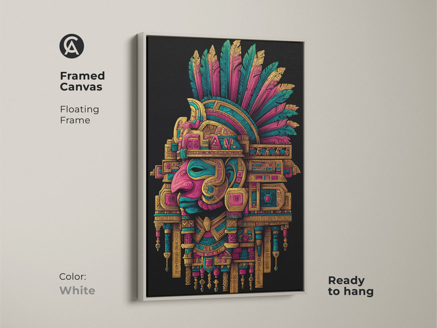 Framed Aztec Headdress canvas with a white floating frame. The white frame offers a clean modern look. This artwork is ready to hang. It will brighten up any space. Buy now