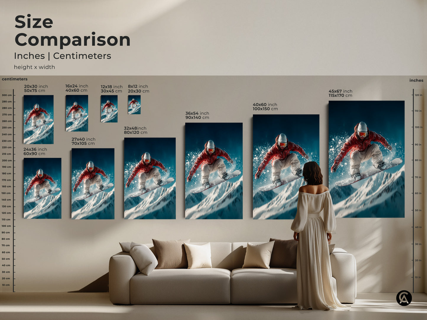 Compare sizes of our snowboarder artwork in inches and centimeters. Options range from 8x12 inches to 45x67 inches. Find the perfect canvas or poster print to fit your space. See how each size transforms a room.