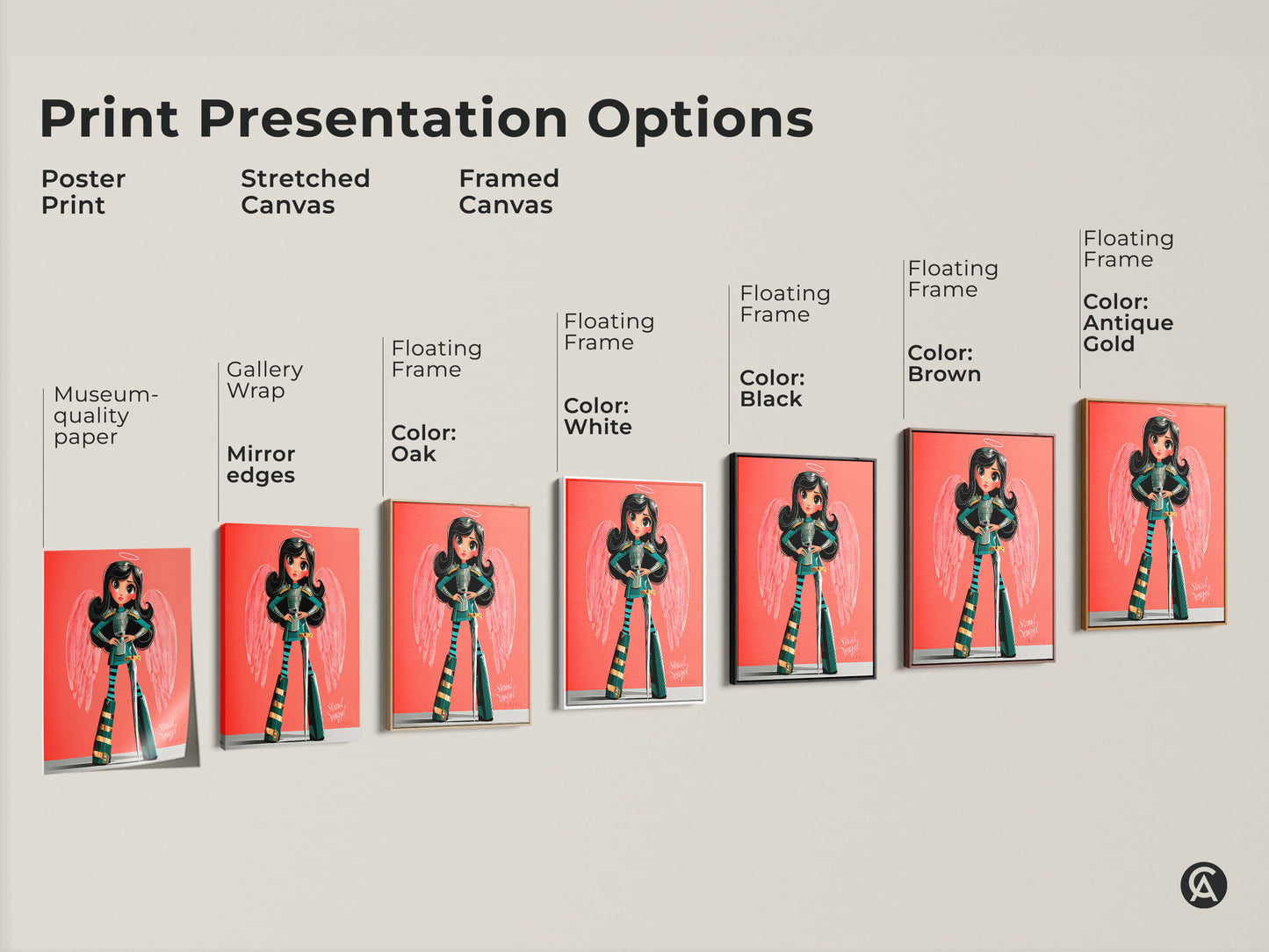This print presentation option includes a poster print and stretched canvas. It also showcases framed canvas options with floating frames in various colors. Perfect as angel girl warrior wall decor.