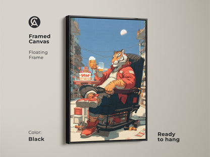 Framed canvas art of a tiger drinking beer. The floating frame color is black. This pop surrealism animal art is ready to hang. It's a unique eclectic animal lover gift.
