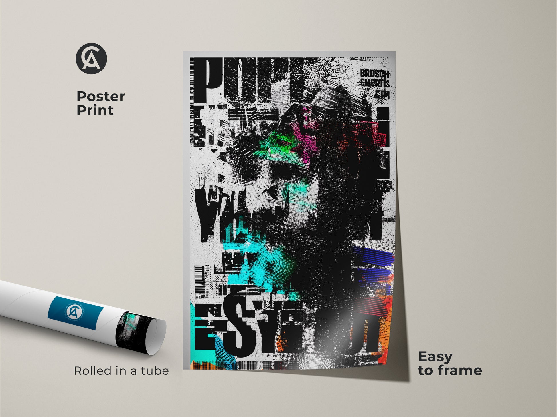 Poster print of an abstract face wall art piece. This contemporary collage features glitch art in black white and green. It's a modern art collector's gift. Easy to frame. The print is rolled in a tube for protection. Ideal for creative office decor.