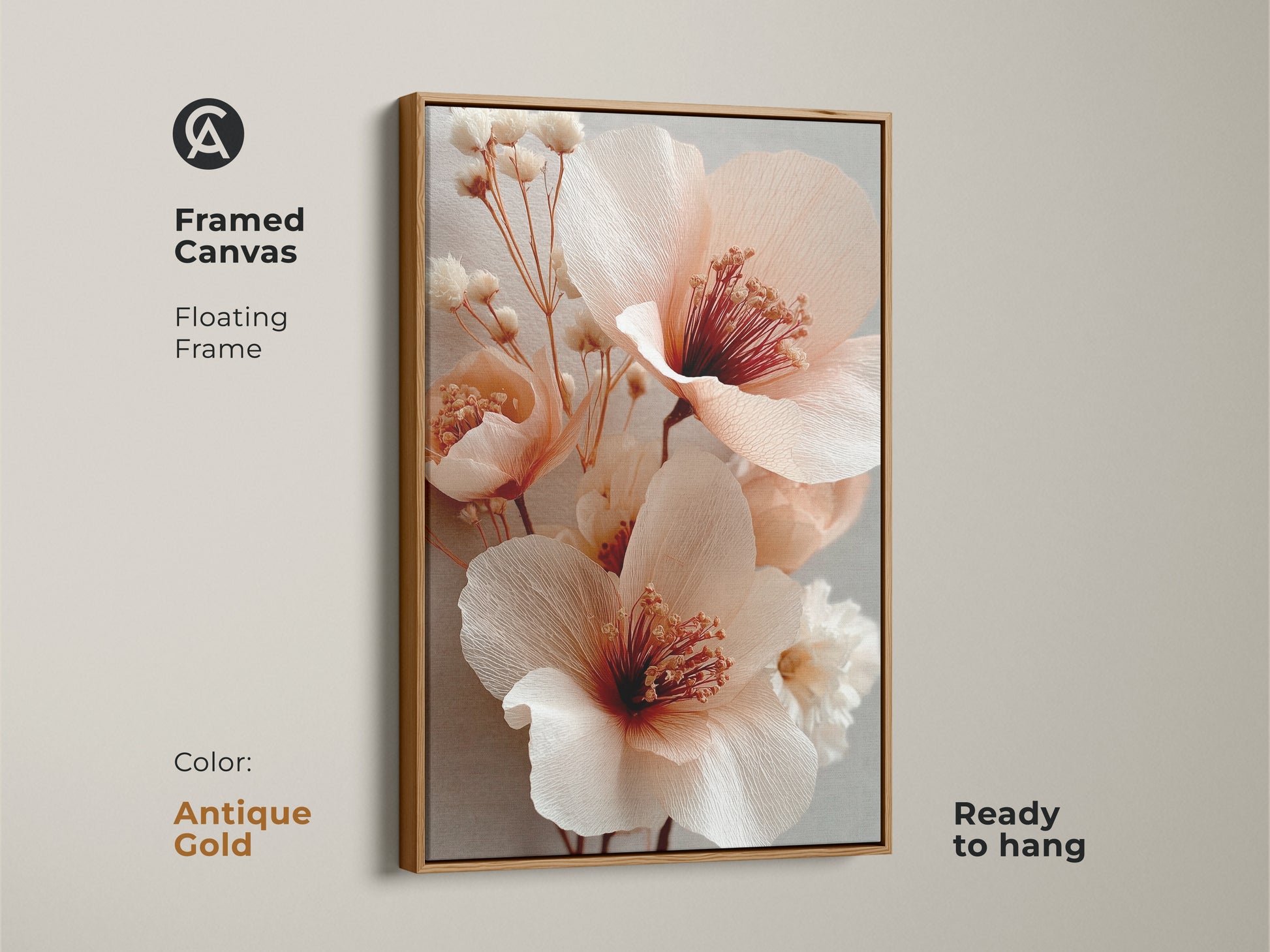 Framed blush pink coral peony print with an antique gold floating frame. This boho botanical art adds a soft touch to any room. The light gray floral accents enhance the delicate flower artwork. Ready to hang canvas for elegant botanical home decor.