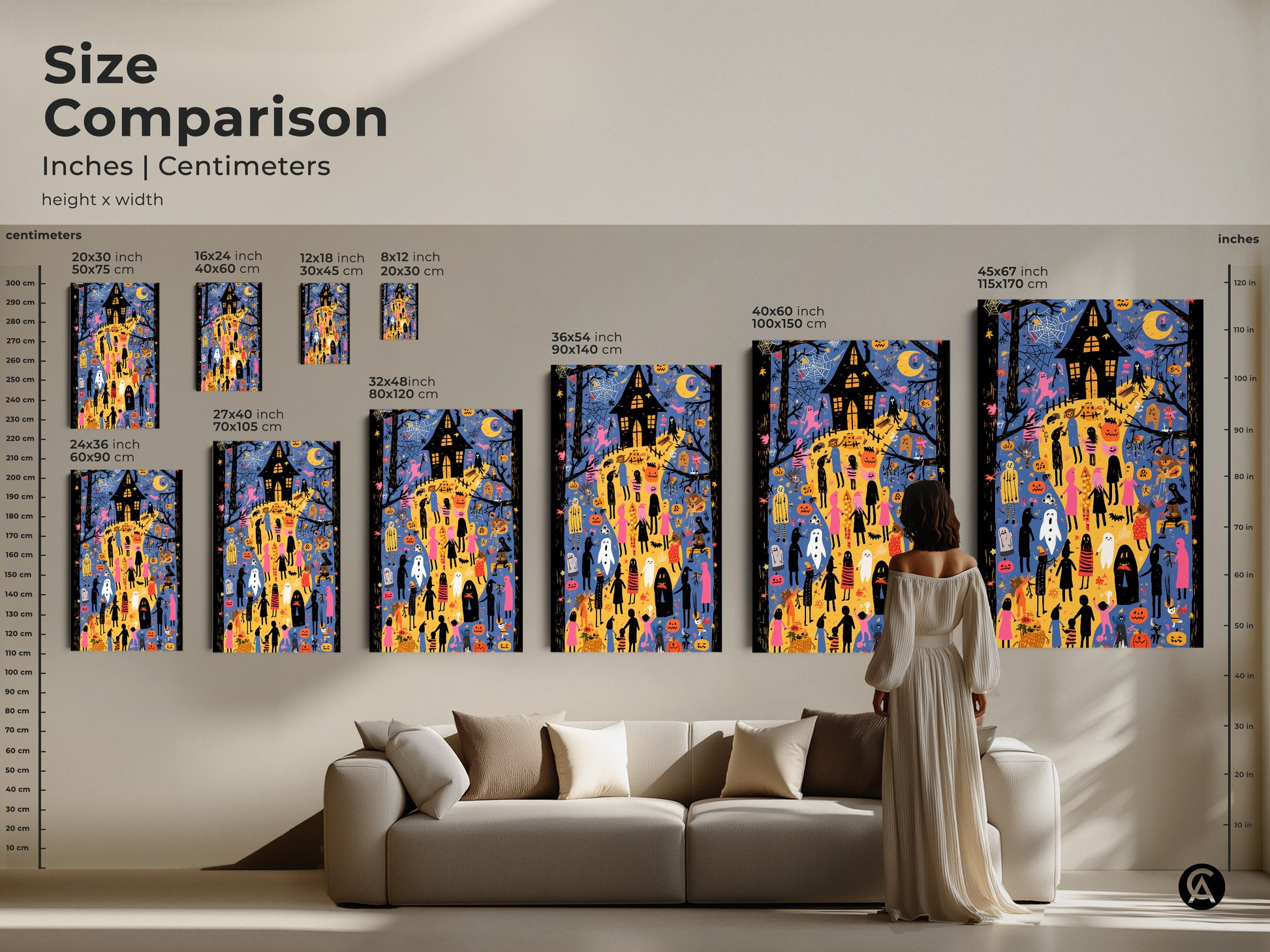 Halloween Wall Art Size Comparison. The image displays the art in various sizes. A person stands next to the artwork for scale and features ghosts pumpkins and a haunted house. See the art in eclectic blue orange and yellow bringing Halloween charm to any room. Perfect for a kids room or festive decor.