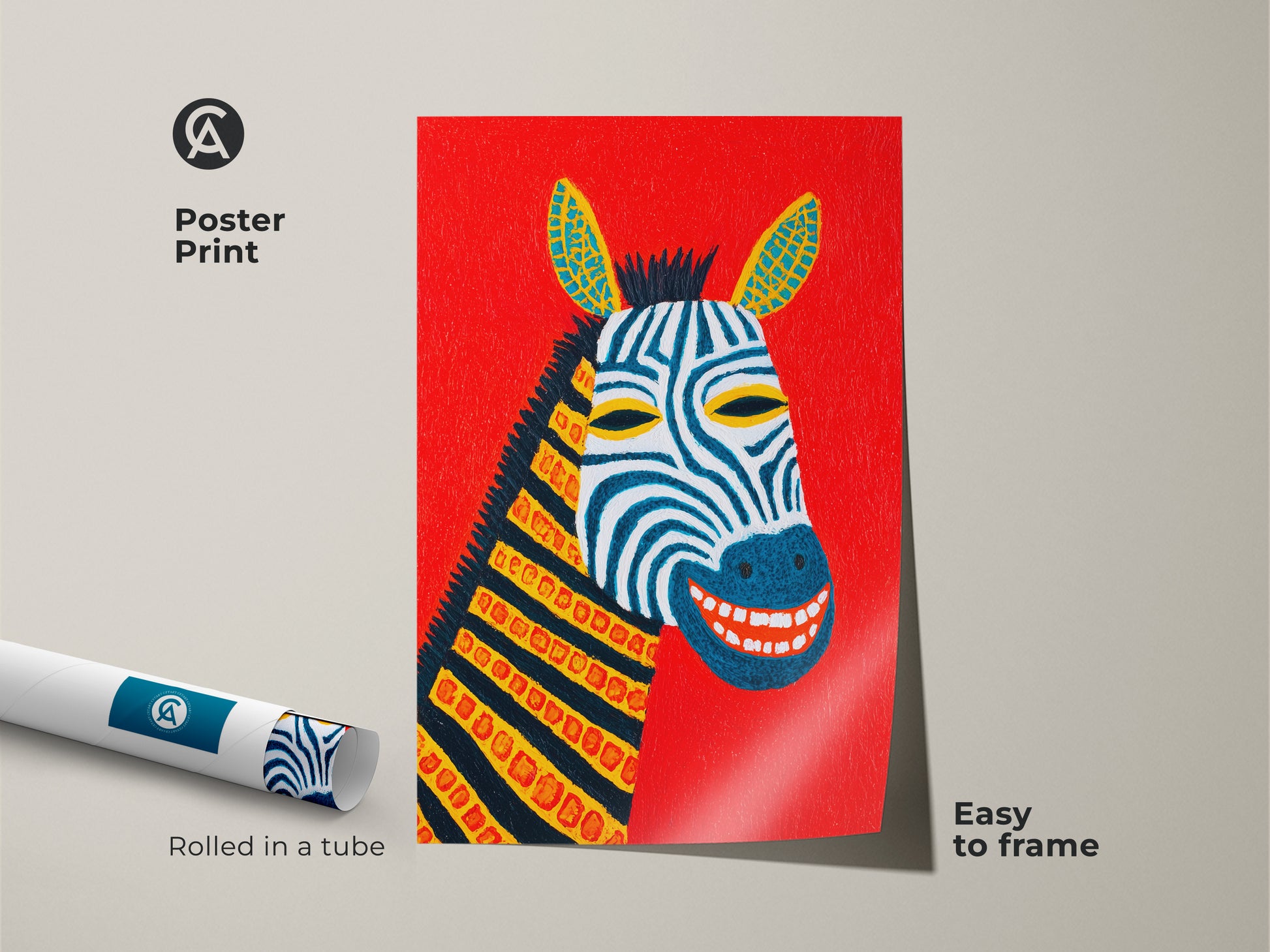 This is a rolled poster print of abstract zebra artwork. The red and blue art is easy to frame. It is a folk style animal illustration for kids. Brighten a nursery with this unique animal artwork. It's a playful animal subject in red yellow and blue