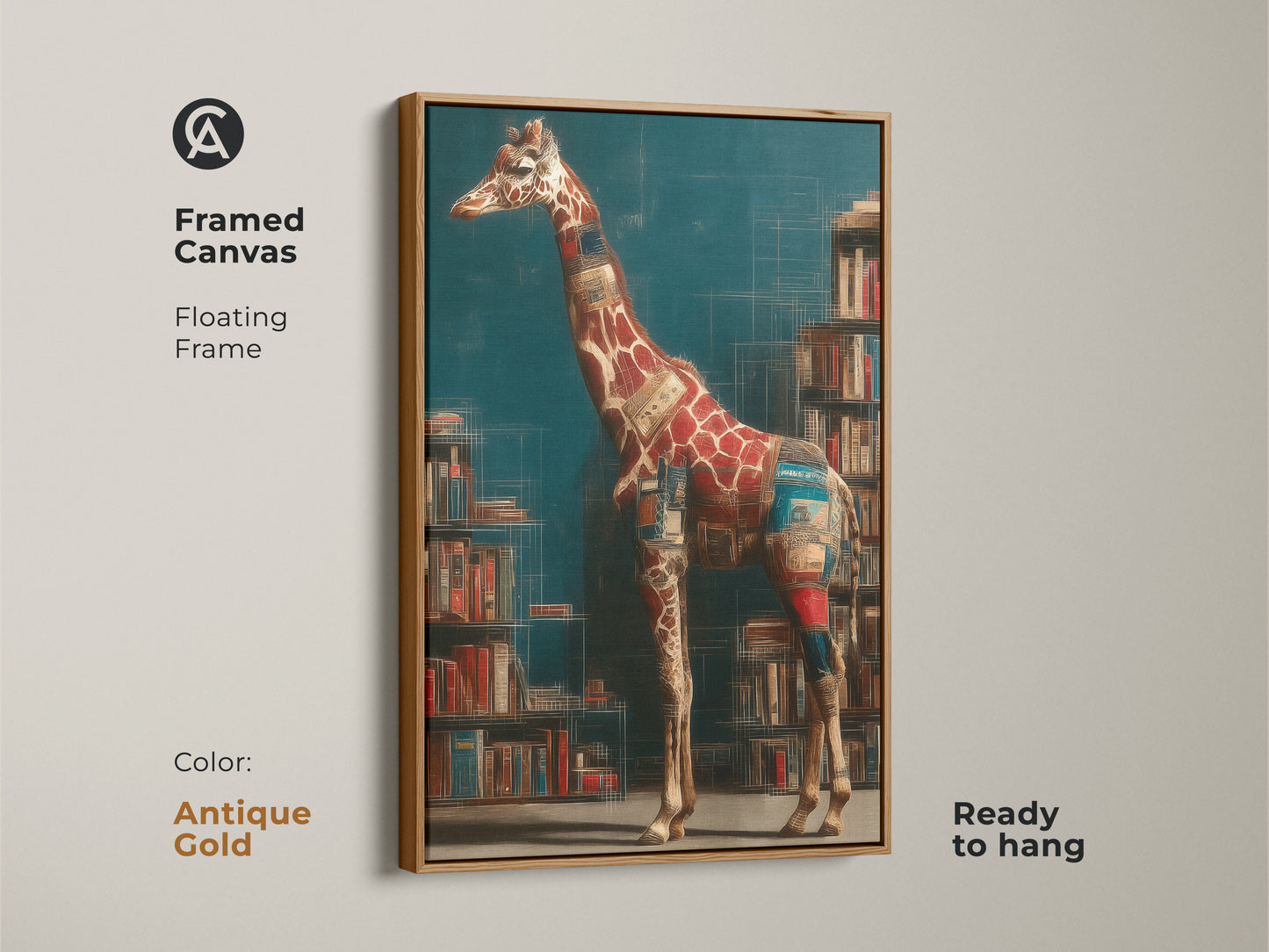 Antique gold frame adds a touch of elegance to this surreal giraffe canvas. Ready to hang this piece adds to eclectic study room decor. The literary animal art gift is unique.