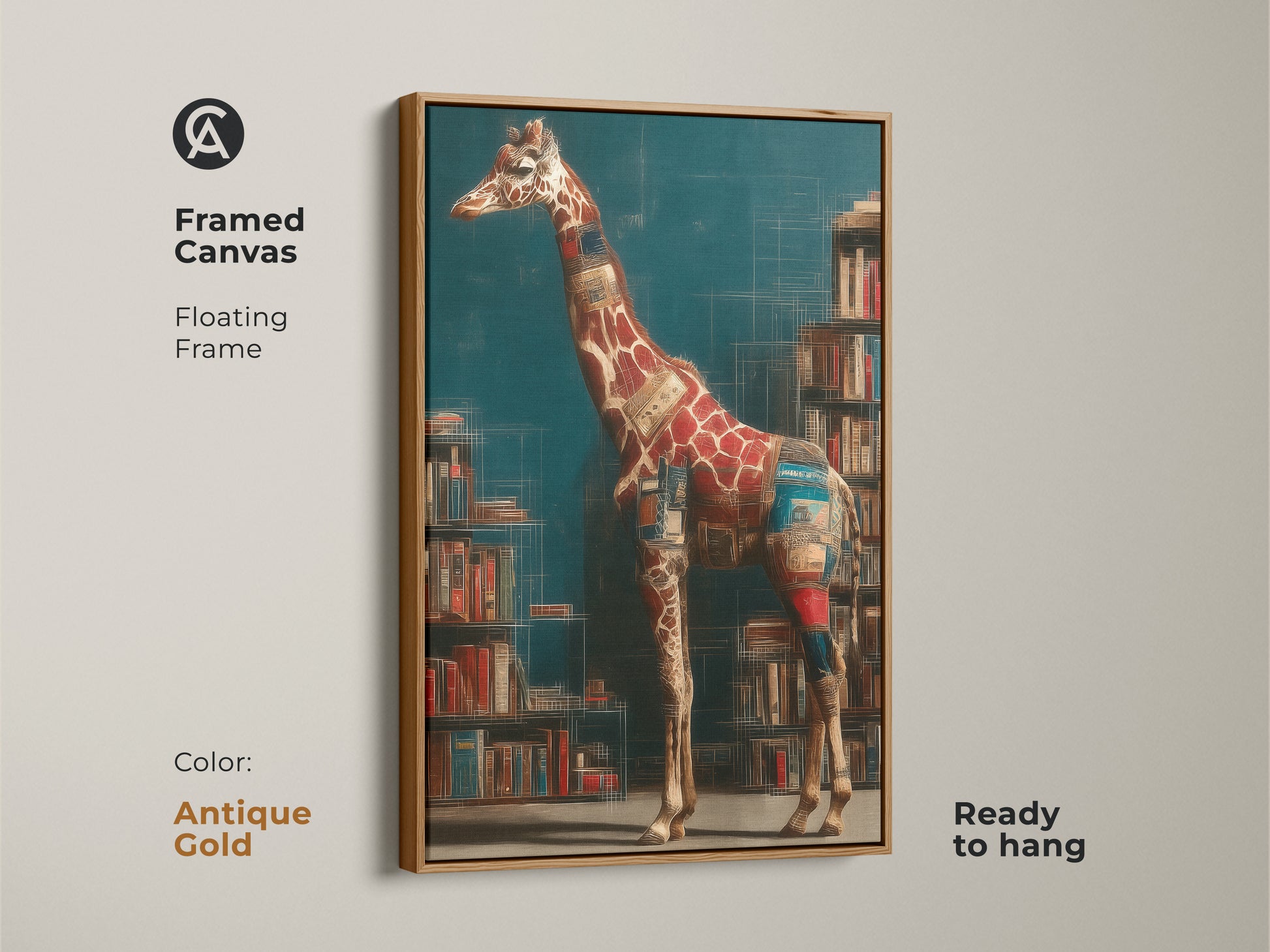 Antique gold frame adds a touch of elegance to this surreal giraffe canvas. Ready to hang this piece adds to eclectic study room decor. The literary animal art gift is unique.