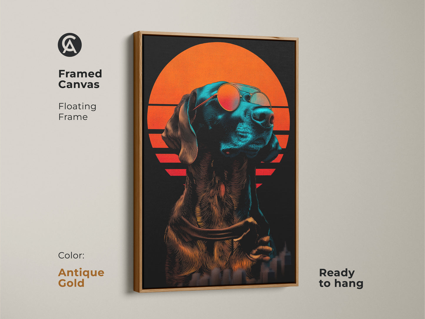 Framed canvas of retro dog portrait art. It features an antique gold floating frame. This futuristic animal print shows a vibrant sunset cityscape. A cool office wall art piece is ready to hang.