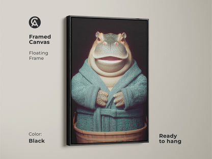 A framed canvas in black features a hippopotamus in a teal robe. It's ready to hang and adds a touch of amusement to any room. This floating frame highlights the modern art. The hippo is in a wooden tub ready for bath time. Sophisticated animal art for your home. It makes a distinctive housewarming gift.
