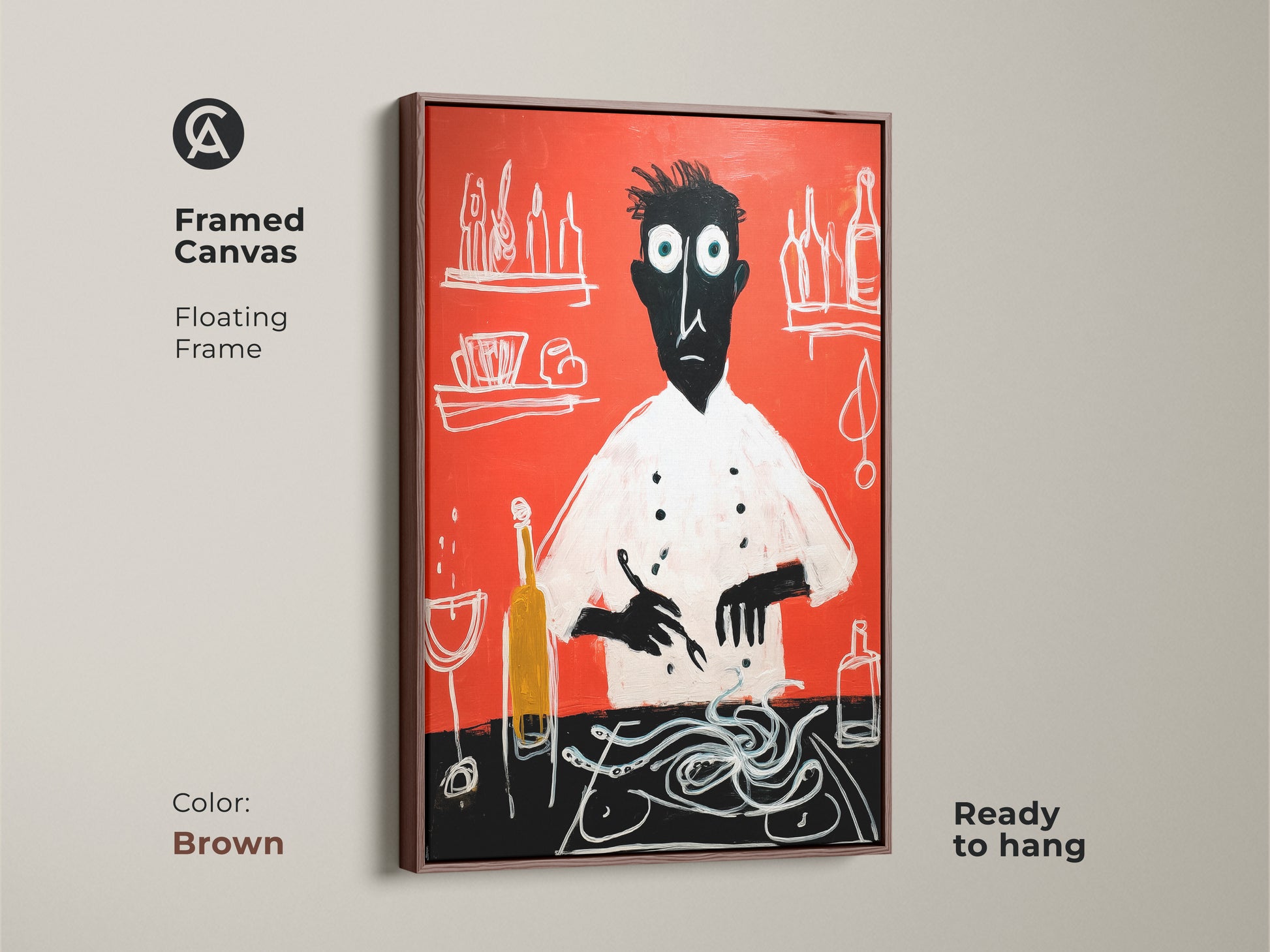 Framed canvas with a floating brown frame showcases a chef creating spaghetti. Red abstract kitchen art ready to hang brings modern folk style to dining spaces. A perfect artist-chef print for home cooks and chefs. A bold artistic culinary art gift.
