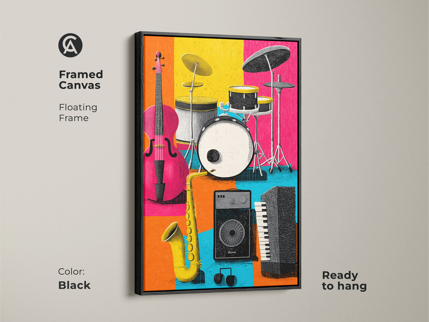 Framed canvas of musical instrument art in a black floating frame. The artwork includes a cello drum set saxophone keyboard and speaker. The colorful blocks add a modern flair. This framed canvas is ready to hang.