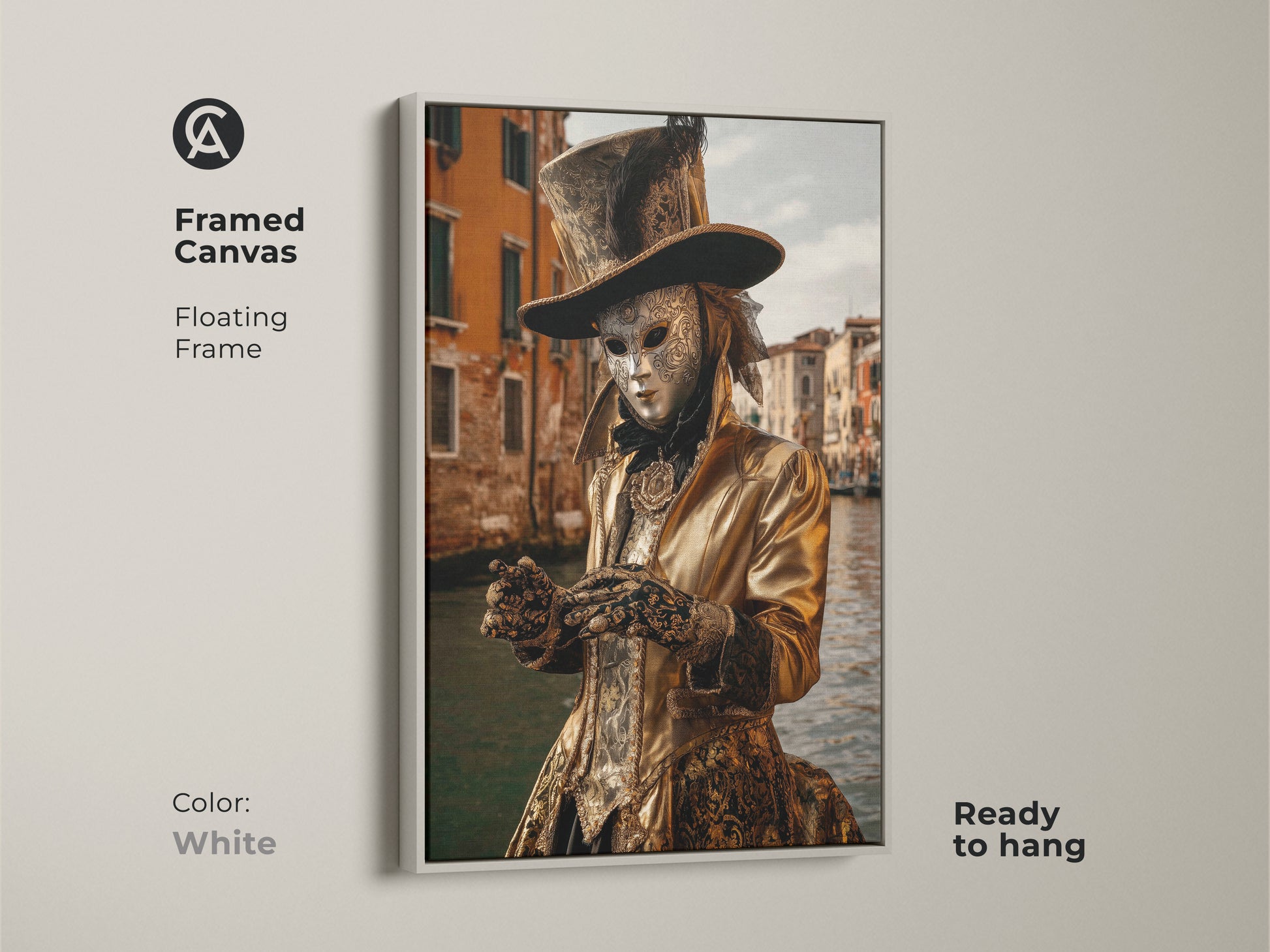 This white framed canvas features a Venice Carnival gold costume and Venetian mask. The theatrical artwork enhances eclectic rooms. Ready to hang this art adds drama. A great gift idea for travel lovers.