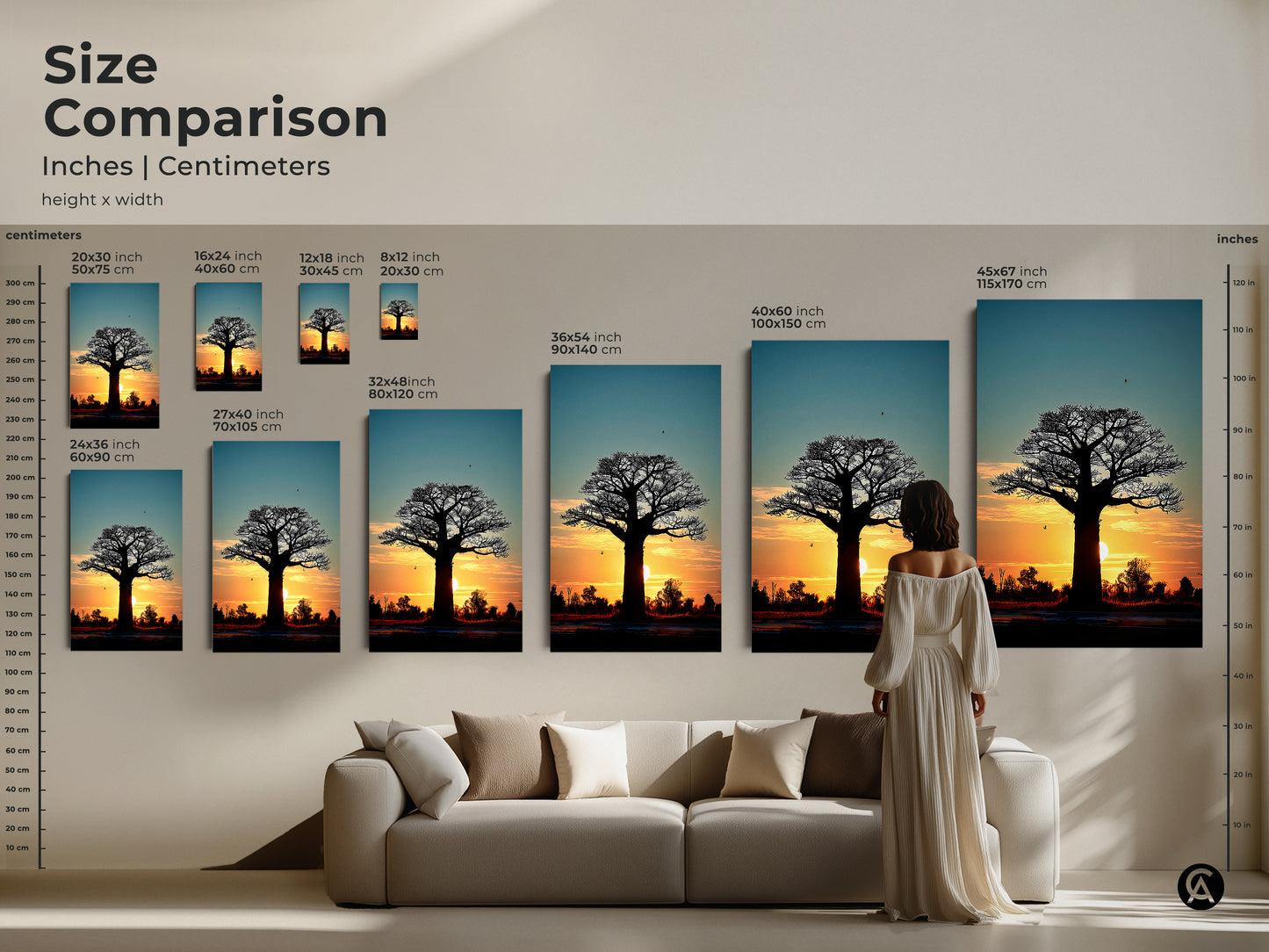Size comparison of the Sunset Baobab Tree artwork. Visualize the different sizes of the canvas prints. From small to large find the ideal fit for your home. Perfect for minimalist african art.
