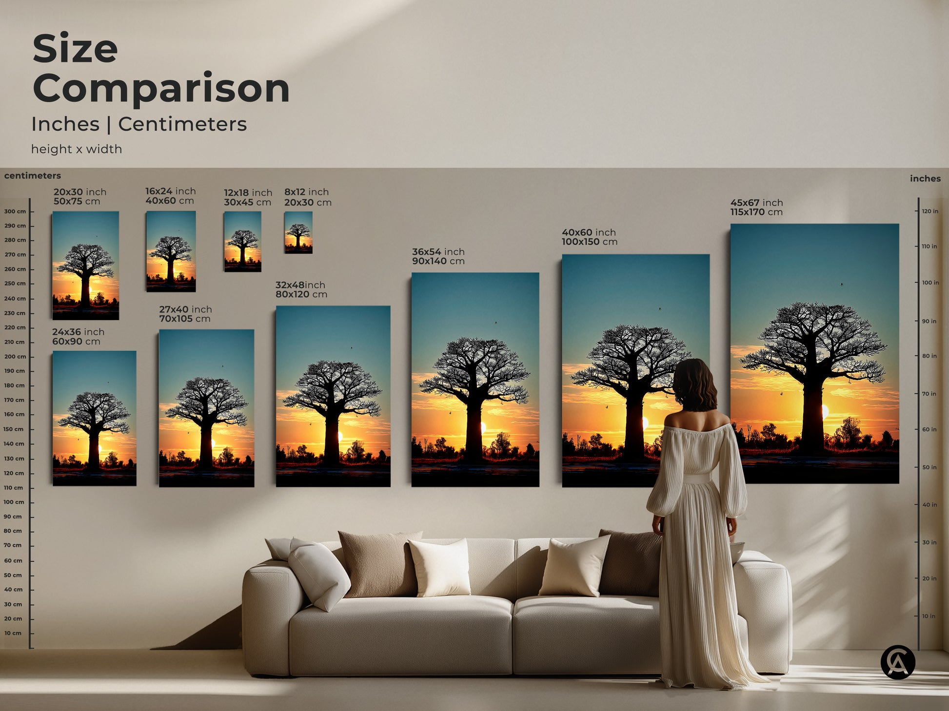 Size comparison of the Sunset Baobab Tree artwork. Visualize the different sizes of the canvas prints. From small to large find the ideal fit for your home. Perfect for minimalist african art.