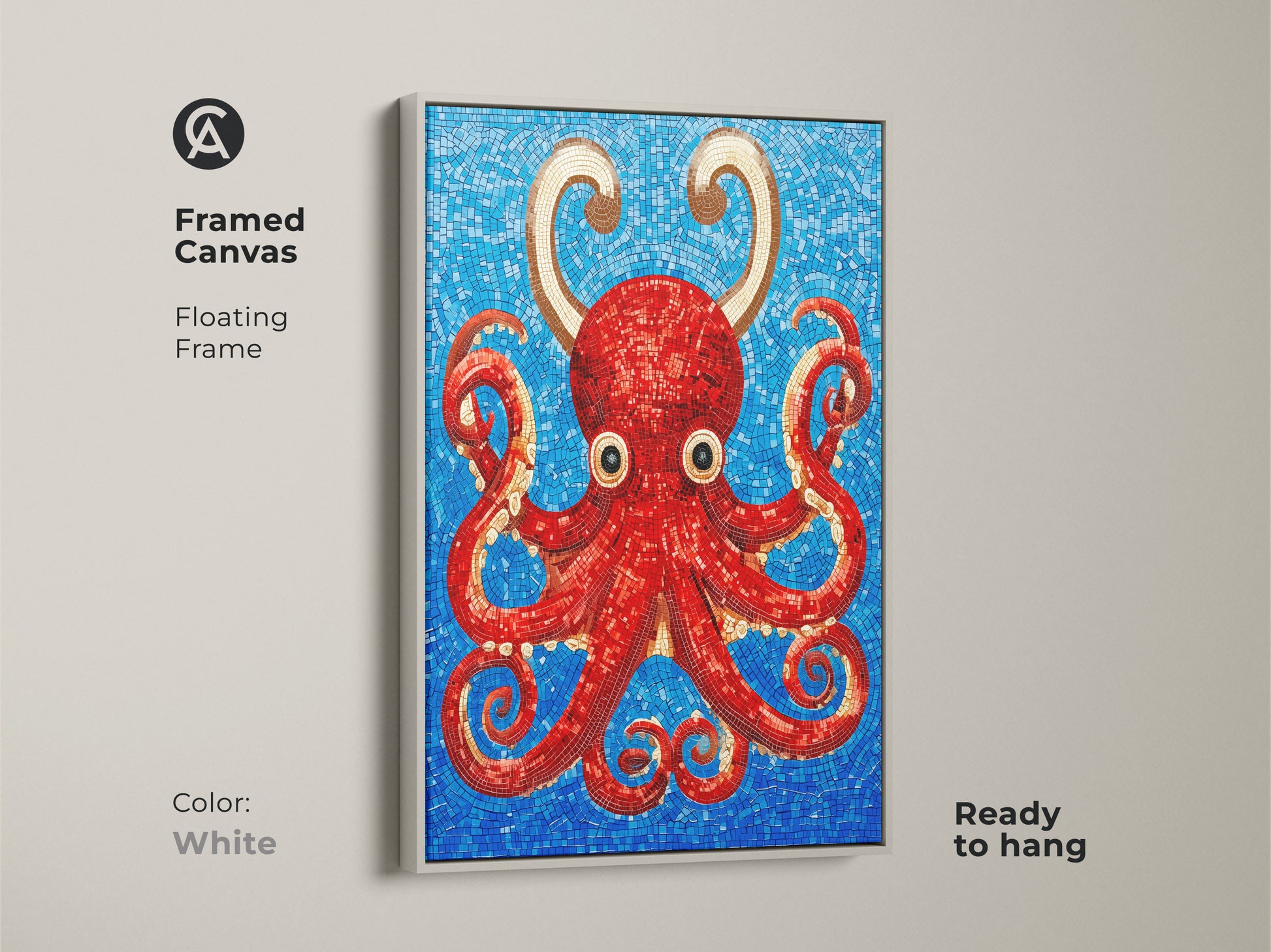 Framed canvas showcasing a red octopus mosaic artwork with a white floating frame. The vibrant red octopus with gold details pops against the blue mosaic background. This abstract marine life art adds a contemporary and eclectic feel. Enhance your living space with this unique sea creature art. Ready to hang and enjoy.