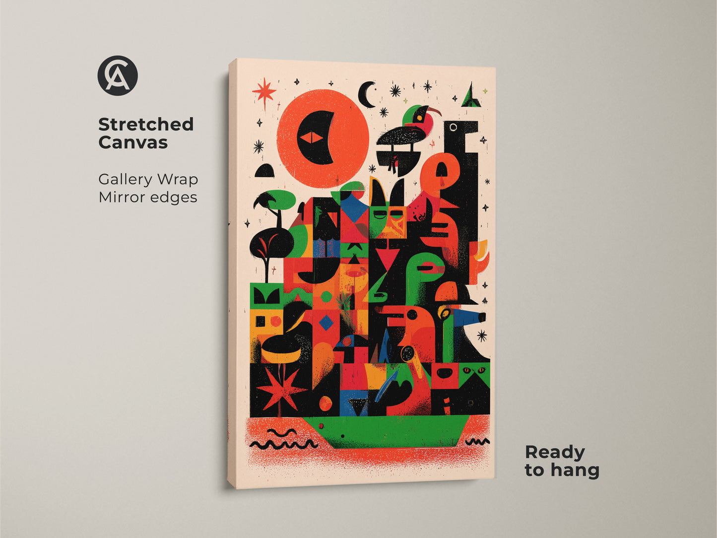 Stretched canvas print of abstract geometric bird art with a mid-century modern vibe. The eclectic red orange and green artwork features a sun and bird motif. Gallery wrapped with mirrored edges it's ready to hang. This figurative animal art print makes a unique folk style wall decor.
