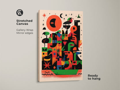 Stretched canvas print of abstract geometric bird art with a mid-century modern vibe. The eclectic red orange and green artwork features a sun and bird motif. Gallery wrapped with mirrored edges it's ready to hang. This figurative animal art print makes a unique folk style wall decor.
