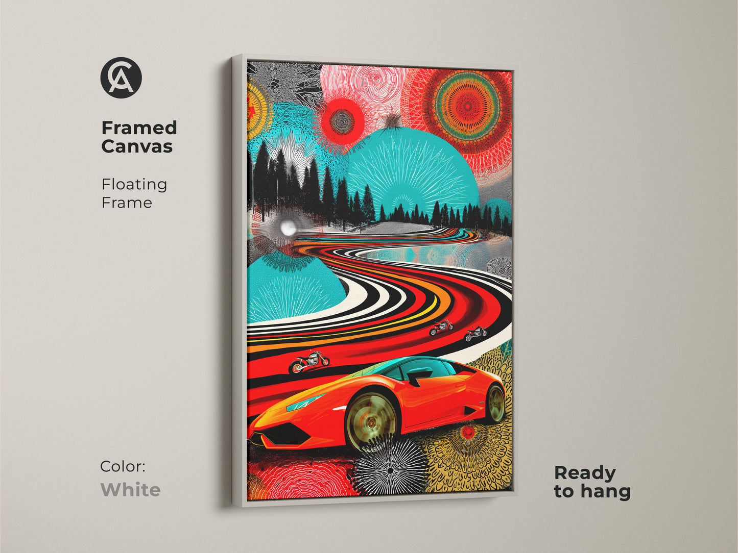 This framed canvas shows a white floating frame. The Pop art landscape features a red sports car and motorcycles. This modern art print is ready to hang. It's ideal garage wall decor. A unique gift for him. A vibrant abstract art piece.