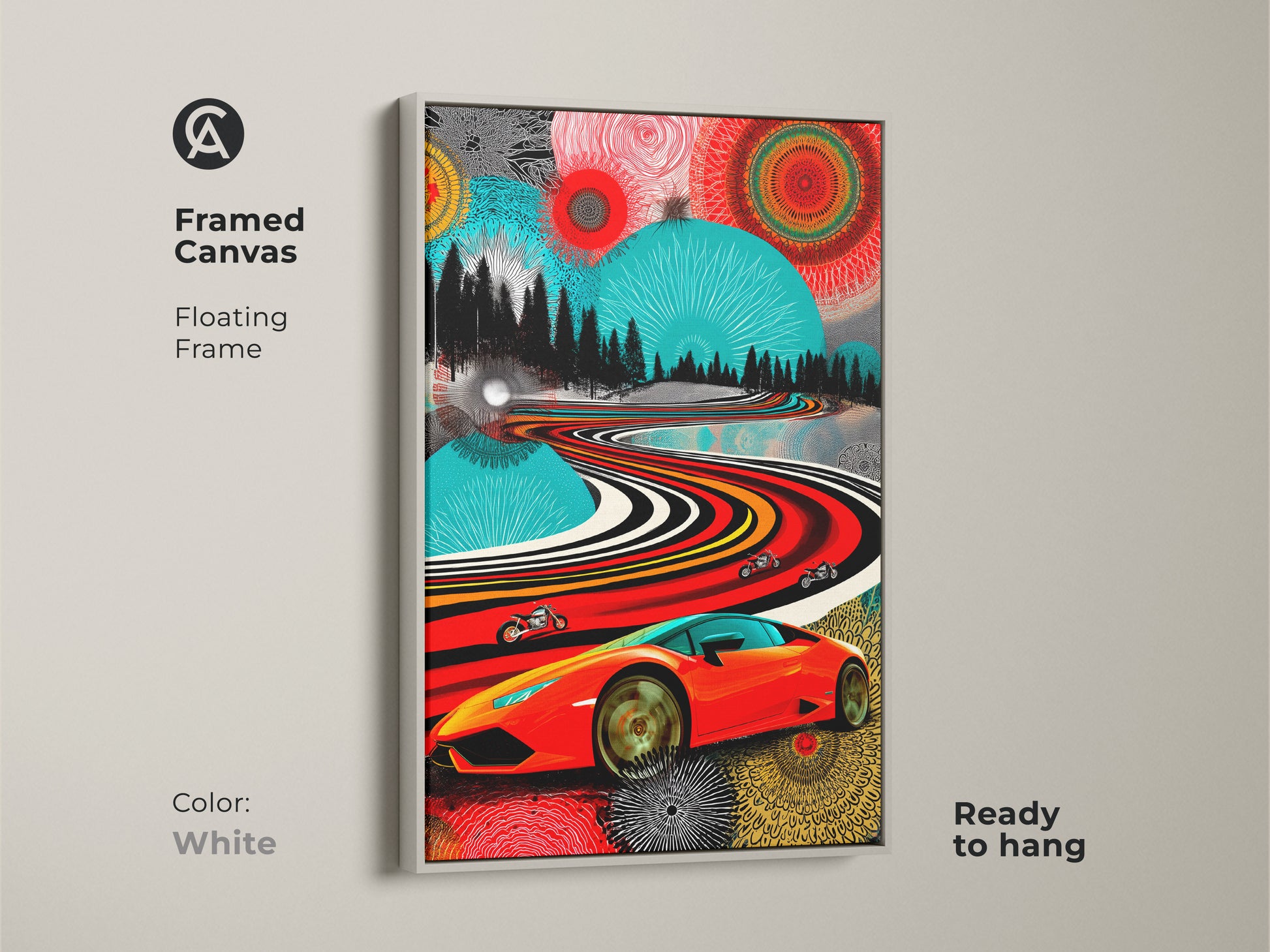 This framed canvas shows a white floating frame. The Pop art landscape features a red sports car and motorcycles. This modern art print is ready to hang. It's ideal garage wall decor. A unique gift for him. A vibrant abstract art piece.