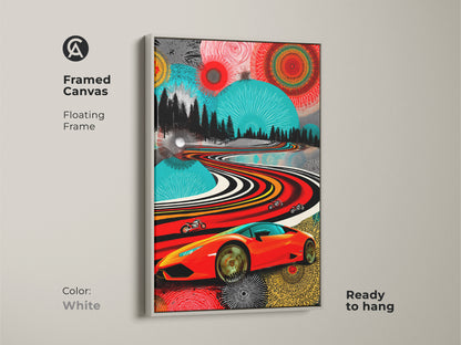 This framed canvas shows a white floating frame. The Pop art landscape features a red sports car and motorcycles. This modern art print is ready to hang. It's ideal garage wall decor. A unique gift for him. A vibrant abstract art piece.